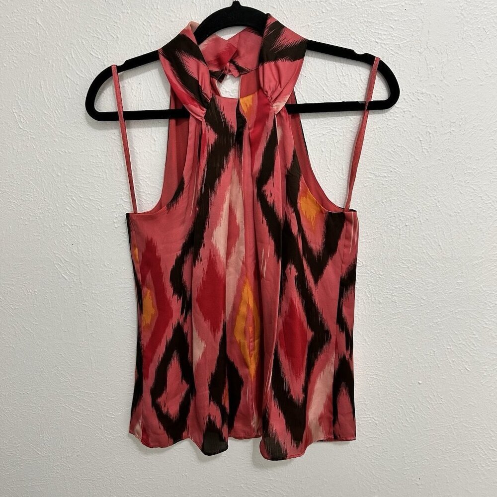 INC Int'l Concepts Pink 100% Silk IKAT High Neck Button Back Sleeveless Top 10